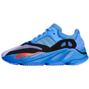 Zijaanzicht van de adidas Yeezy 700 Hi-Res Blue HP6674 met felblauwe mesh basis, zwarte overlays en rode accenten op de midsole