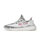 Zijaanzicht van de adidas Yeezy Boost 350 V2 Zebra CP9654 met zwart-wit gestreepte Primeknit upper en rode “SPLY-350” branding
