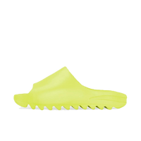 Adidas Yeezy Slide Glow Green GX6138 zijaanzicht in fluorescerend groen EVA foam met grove profielzool en strakke afwerking