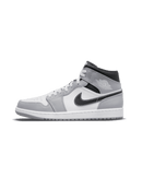 Air Jordan 1 Mid Light Smoke Grey Anthracite – front view met witte toebox, grijze overlays en zwarte eyestays in clean contrast