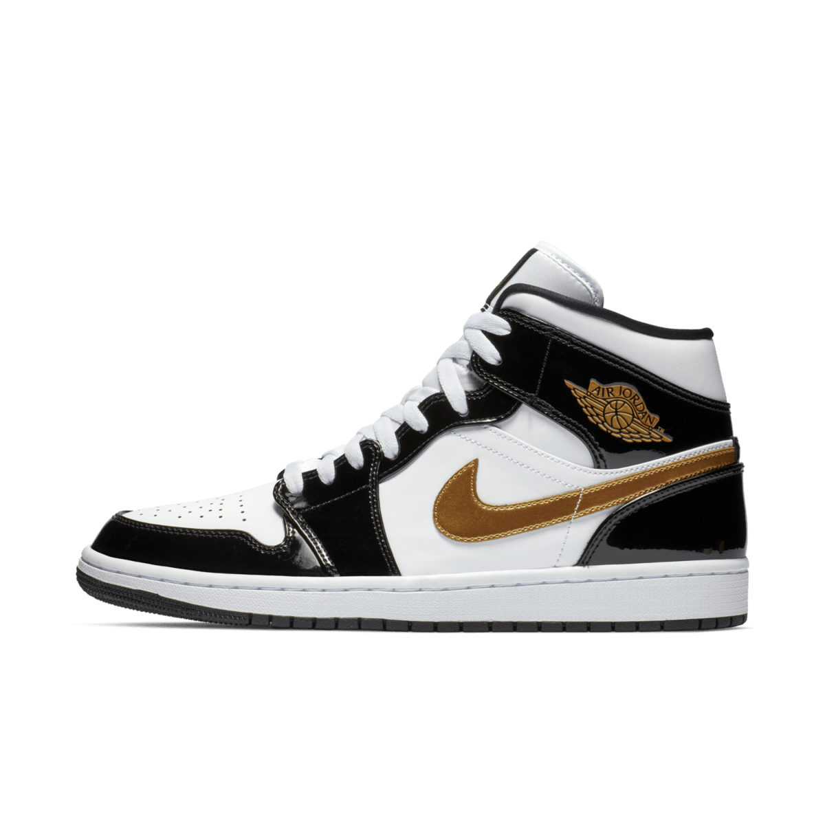 Air Jordan 1 Mid Patent Black White Gold