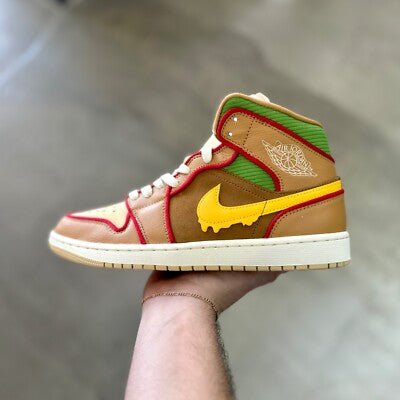 Air Jordan 1 Mid SE Cheeseburger IB7403-224  Flax/Sesame/Coconut Milk/University Gold Snrkickz