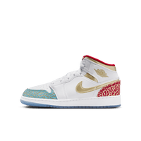 Air Jordan 1 Mid SE Light Iron Ore – front view met roze Swoosh en grijze canvas upper, populaire pastel Jordan voor dagelijks gebruik (DN4045‑001)