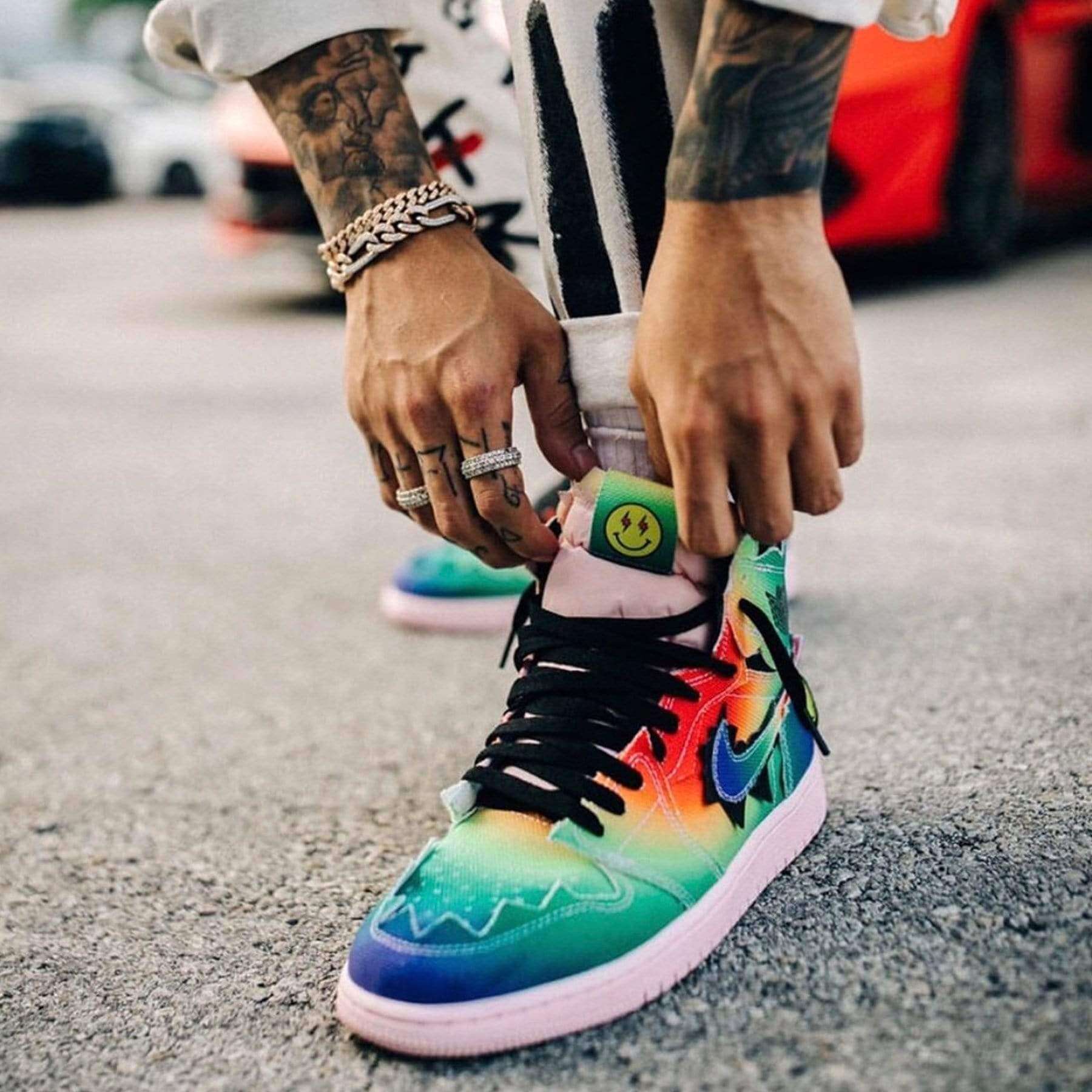 Air Jordan 1 Retro High J Balvin DC3481-900 Multi-Color/Black-Pink Foam-Multi-Color Snrkickz on feet