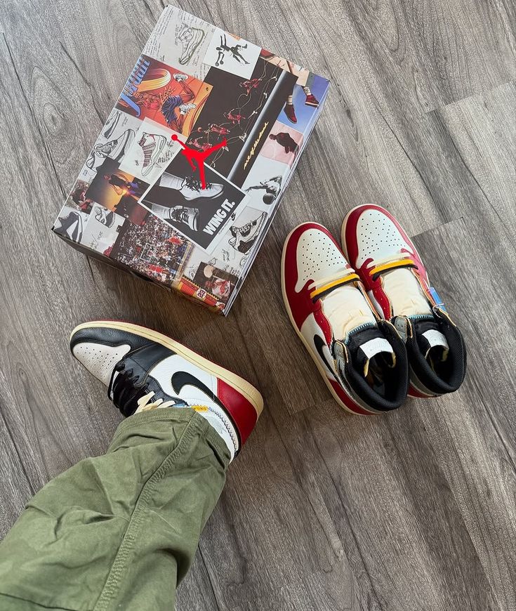 Union LA Chicago Shadow on feet met cargo pants en bijpassende doos – zicht op split colorway en luxe afwerking van deze high-top release