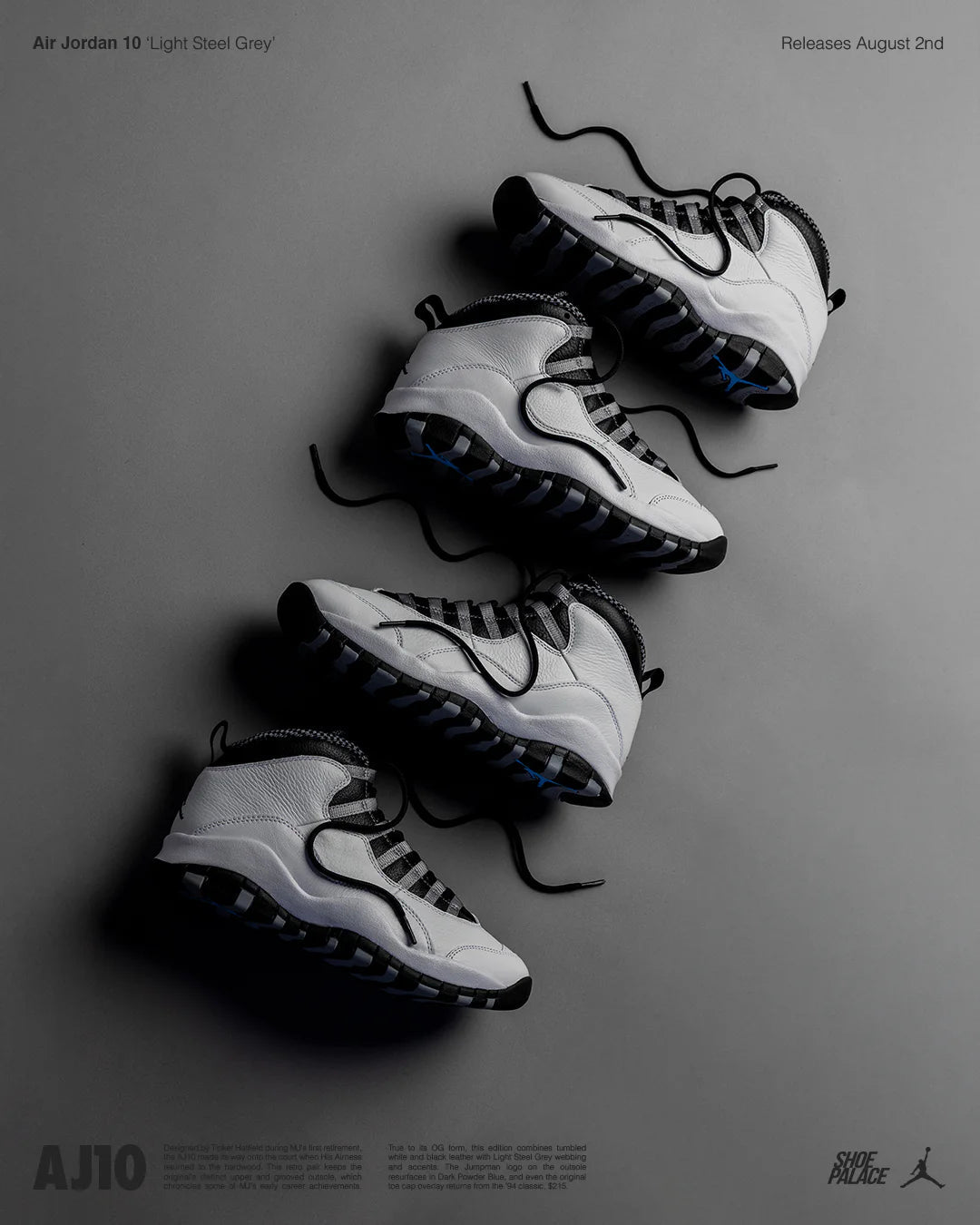 Air Jordan 10 Retro OG Steel in hand met premium leer, OG-styling en contrasterende zwarte veters en loopzool

