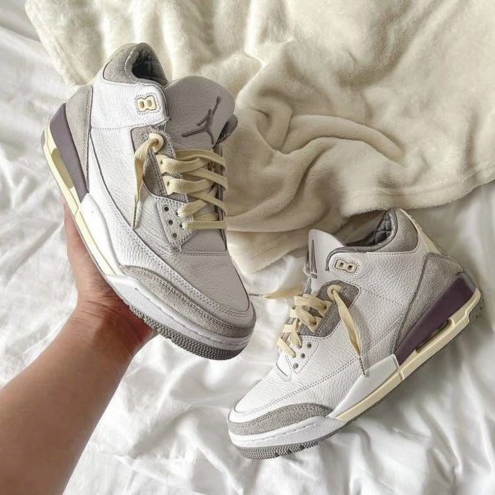 Close-up van Air Jordan 3 Craft Ivory FJ9479-100 met zichtbare Air unit, ivory kleurenschema en luxe afwerking

