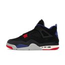 Sideview van de Air Jordan 4 Retro Rare Air met witte leren upper, zwarte cage en rode details op de zool en tong