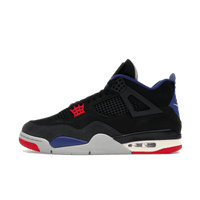 Sideview van de Air Jordan 4 Retro Rare Air met witte leren upper, zwarte cage en rode details op de zool en tong