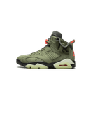Air Jordan 6 Travis Scott Medium Olive CN1084-200 zijaanzicht met olijfgroen nubuck, stash pocket op de enkel en oranje details

