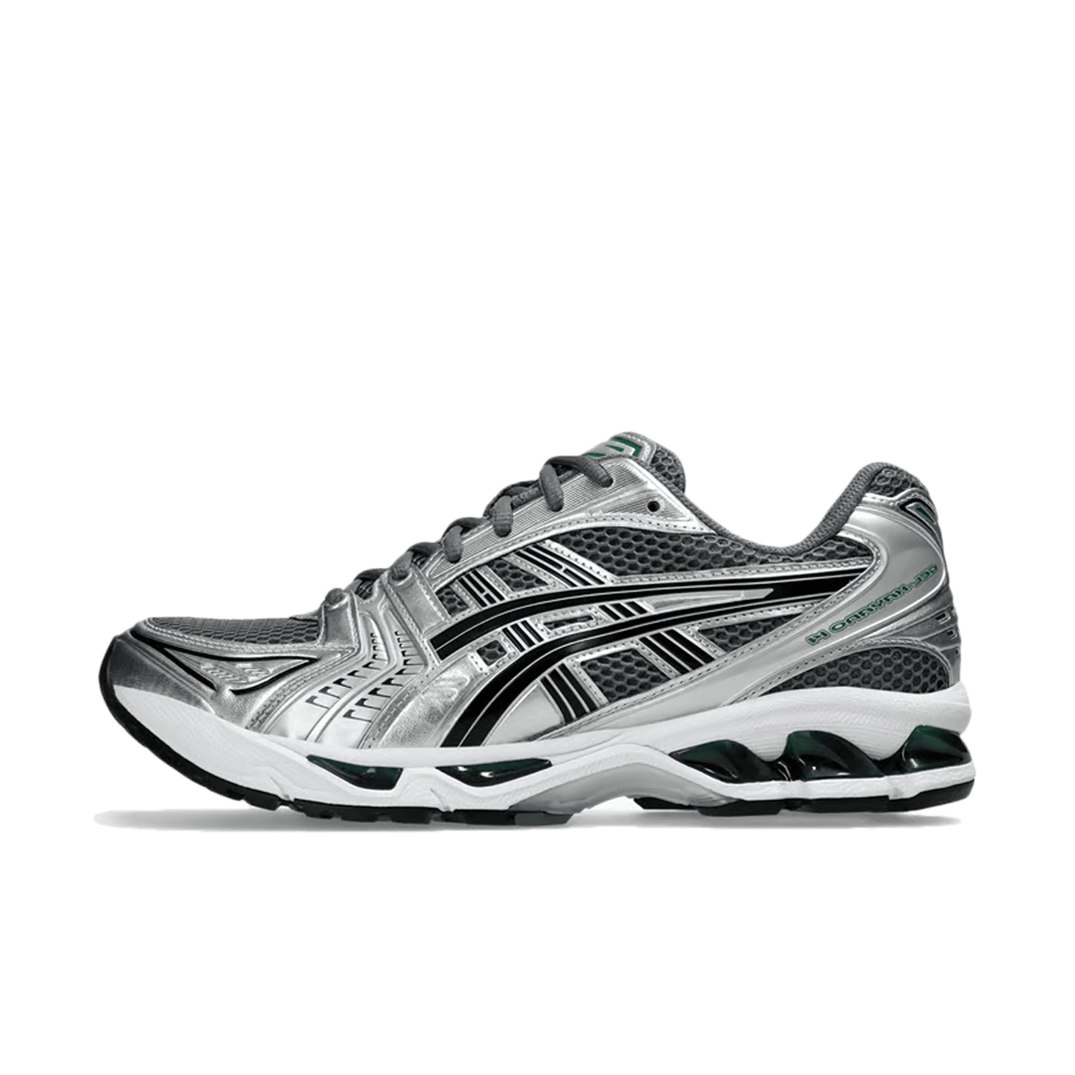 Zijaanzicht van de ASICS Gel Kayano 14 in Metropolis Jasper Green met diepe groentinten, zilveren overlays en sportieve GEL-zool

