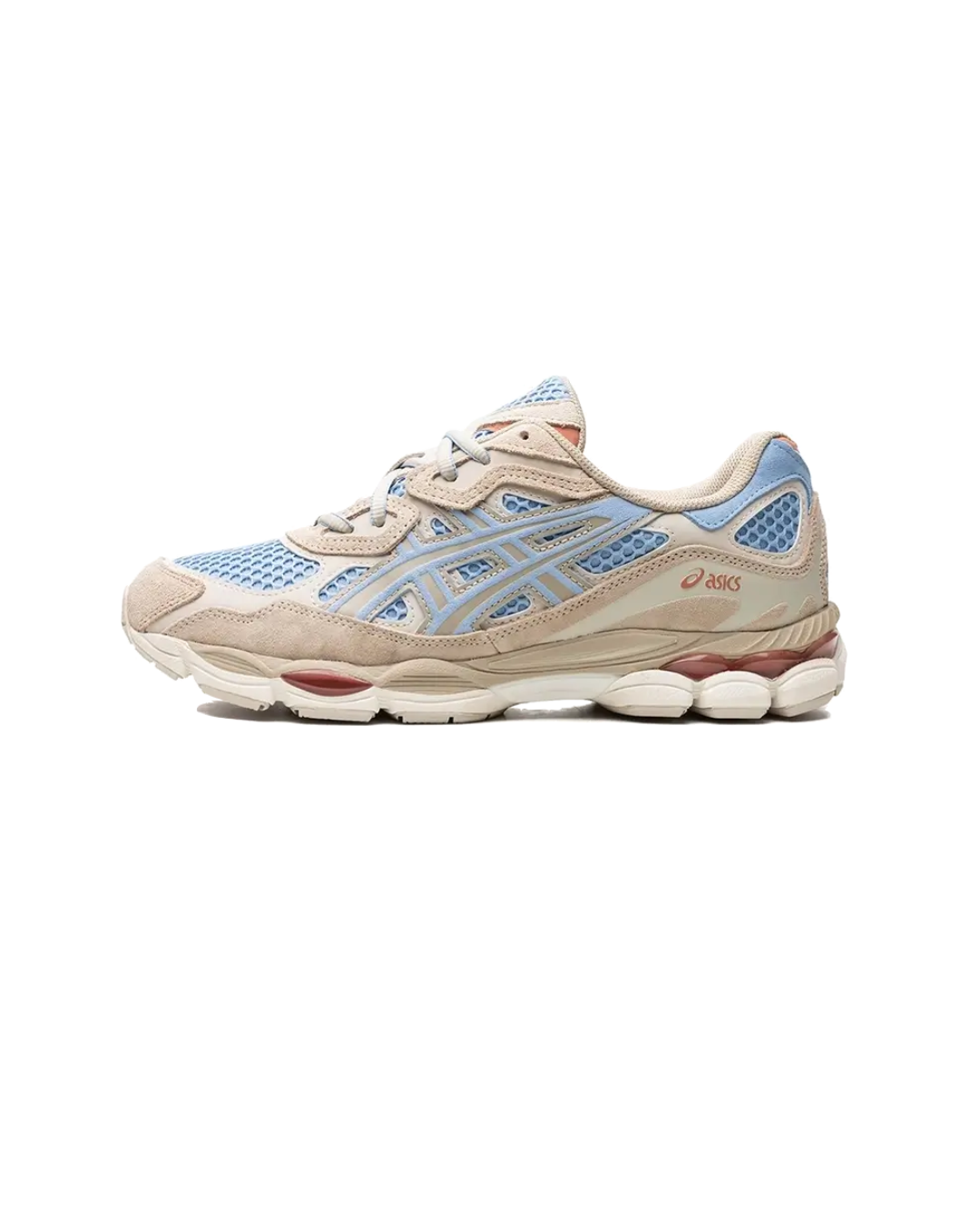 ASICS GEL-NYC Harbor Blue Wood Crepe zijkant met blauw mesh, zandkleurige accenten en retro loopstijl, verkrijgbaar bij Snrkickz