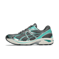ASICS GT-2160 Steel Grey Waterfall 1203A604-021 zijaanzicht met grijs mesh, turquoise Waterfall-accenten en metallic overlays in retro hardloopstijl

