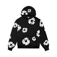 Denim Tears The Cotton Wreath Hoodie Black – vooraanzicht met iconisch geborduurd katoenlogo in rood-wit op zwarte achtergrond via Snrkickz