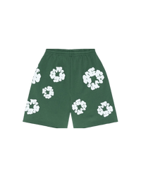 Denim Tears The Cotton Wreath Shorts Green – oversized shorts in lichtgroene tint met rood-wit borduursel