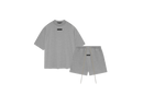 Fear of God Essentials Dark Heather Oatmeal Short Set FW23 with short sleeve T-shirt and shorts displayed flat on clean studio background.