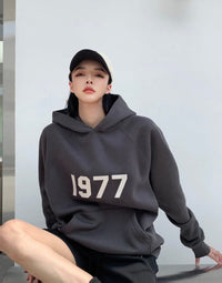 Achterzijde van de Essentials 1977 Hoodie Iron – cleane rugzijde met lichtgrijze tint en subtiel label onder de capuchon via Snrkickz