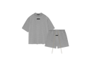 Fear of God Essentials Dark Heather Oatmeal Short Set FW23 with short sleeve T-shirt and shorts displayed flat on clean studio background.