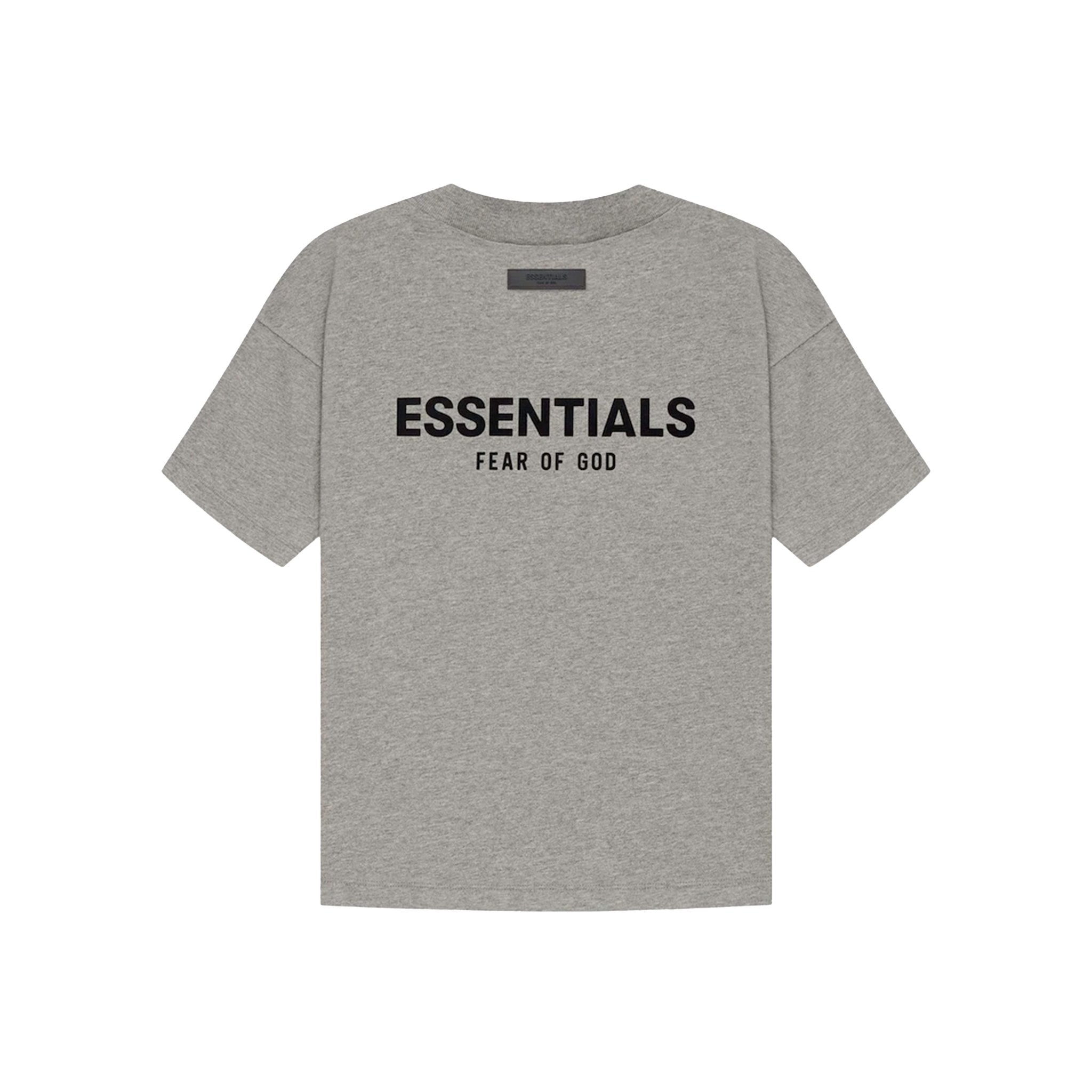 Back view of Fear of God Essentials Dark Oatmeal T-shirt featuring large Essentials print and oversized relaxed fit.