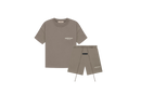 Fear of God Essentials Desert Taupe Summer Set with short sleeve T-shirt and shorts displayed flat on clean studio background.