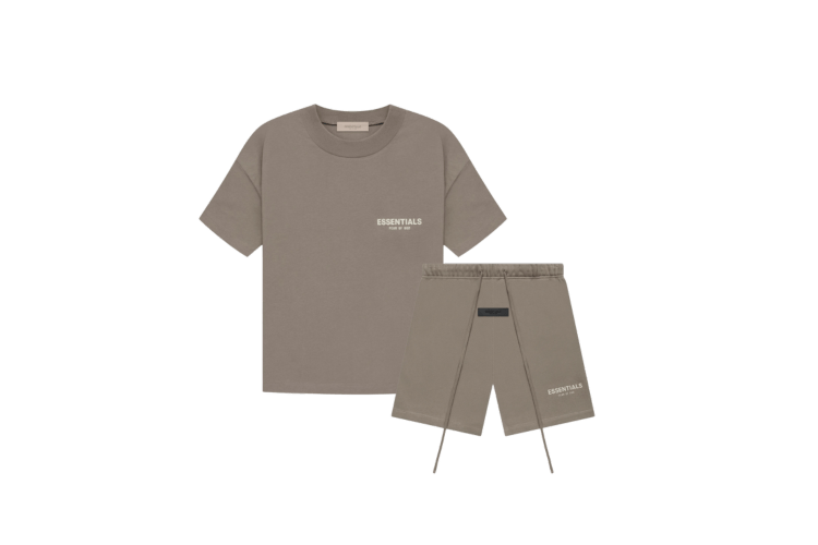 Fear of God Essentials Desert Taupe Summer Set with short sleeve T-shirt and shorts displayed flat on clean studio background.