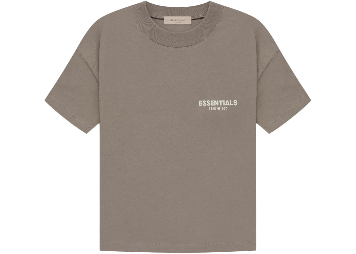 Fear of God Essentials Desert Taupe T-shirt front view highlighting soft cotton fabric and tonal Essentials logo print.