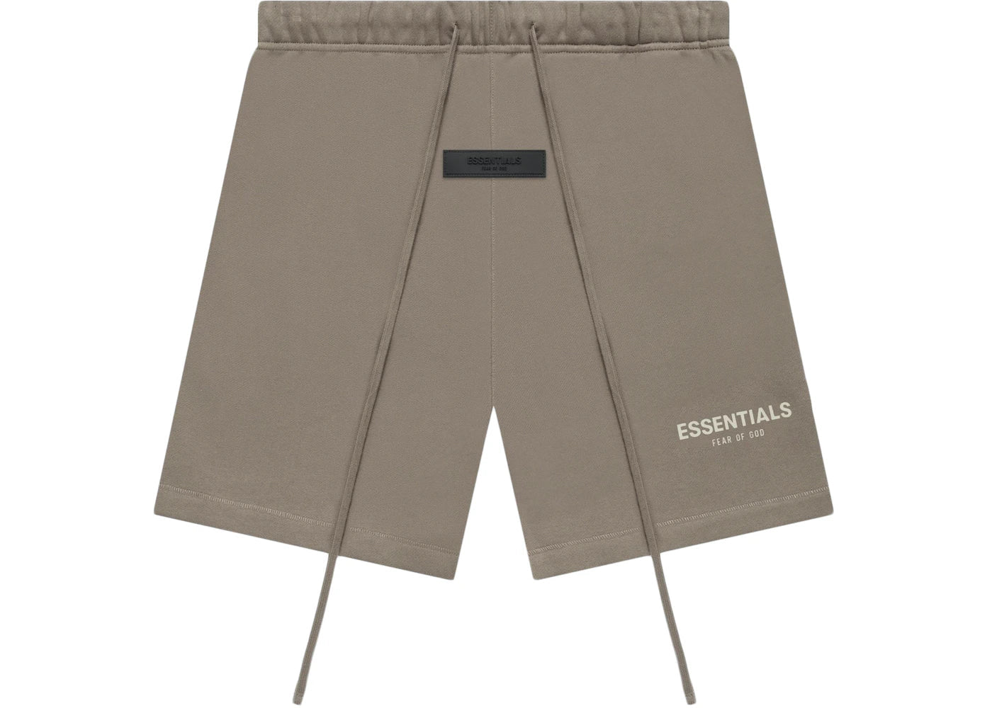 Fear of God Essentials Desert Taupe shorts flat lay highlighting relaxed fit, tonal branding and minimalist streetwear design.