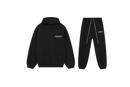 Fear of God Essentials FW24 Black White full set with hoodie and sweatpants displayed flat on neutral studio background.