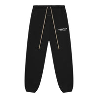 Fear of God Essentials FW24 Black White sweatpants displayed flat highlighting elastic cuffs and tonal logo design.