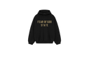 Fear of God Essentials FW24 Black Yellow State Hoodie flat lay showing black cotton fabric, bold yellow logo print and relaxed streetwear fit.
