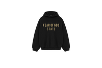Fear of God Essentials FW24 Black Yellow State Hoodie flat lay showing black cotton fabric, bold yellow logo print and relaxed streetwear fit.