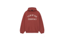 Fear of God Essentials FW24 Crimson Hoodie flat lay showing bold red tone, soft cotton fleece and subtle Essentials chest logo.