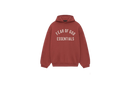 Fear of God Essentials FW24 Crimson Hoodie flat lay showing bold red tone, soft cotton fleece and subtle Essentials chest logo.