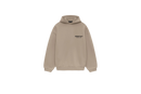 Fear of God Essentials FW24 Desert Sand Hoodie flat lay showing warm beige tone, soft cotton texture and minimalist chest logo design.