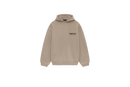 Fear of God Essentials FW24 Desert Sand Hoodie flat lay showing warm beige tone, soft cotton texture and minimalist chest logo design.