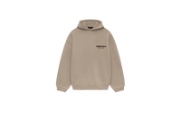 Fear of God Essentials FW24 Desert Sand Hoodie flat lay showing warm beige tone, soft cotton texture and minimalist chest logo design.