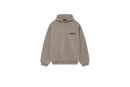 Fear of God Essentials FW24 Heather Grey Hoodie flat lay showing soft cotton texture, light grey tone and minimalist chest logo.