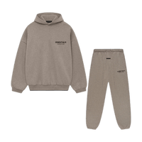 Fear of God Essentials FW24 Heather Taupe hoodie and sweatpants set flat lay highlighting matching tone, oversized fit and clean design.