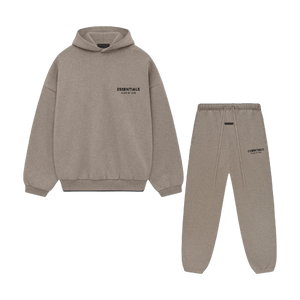 Fear of God Essentials FW24 Heather Taupe hoodie and sweatpants set flat lay highlighting matching tone, oversized fit and clean design.