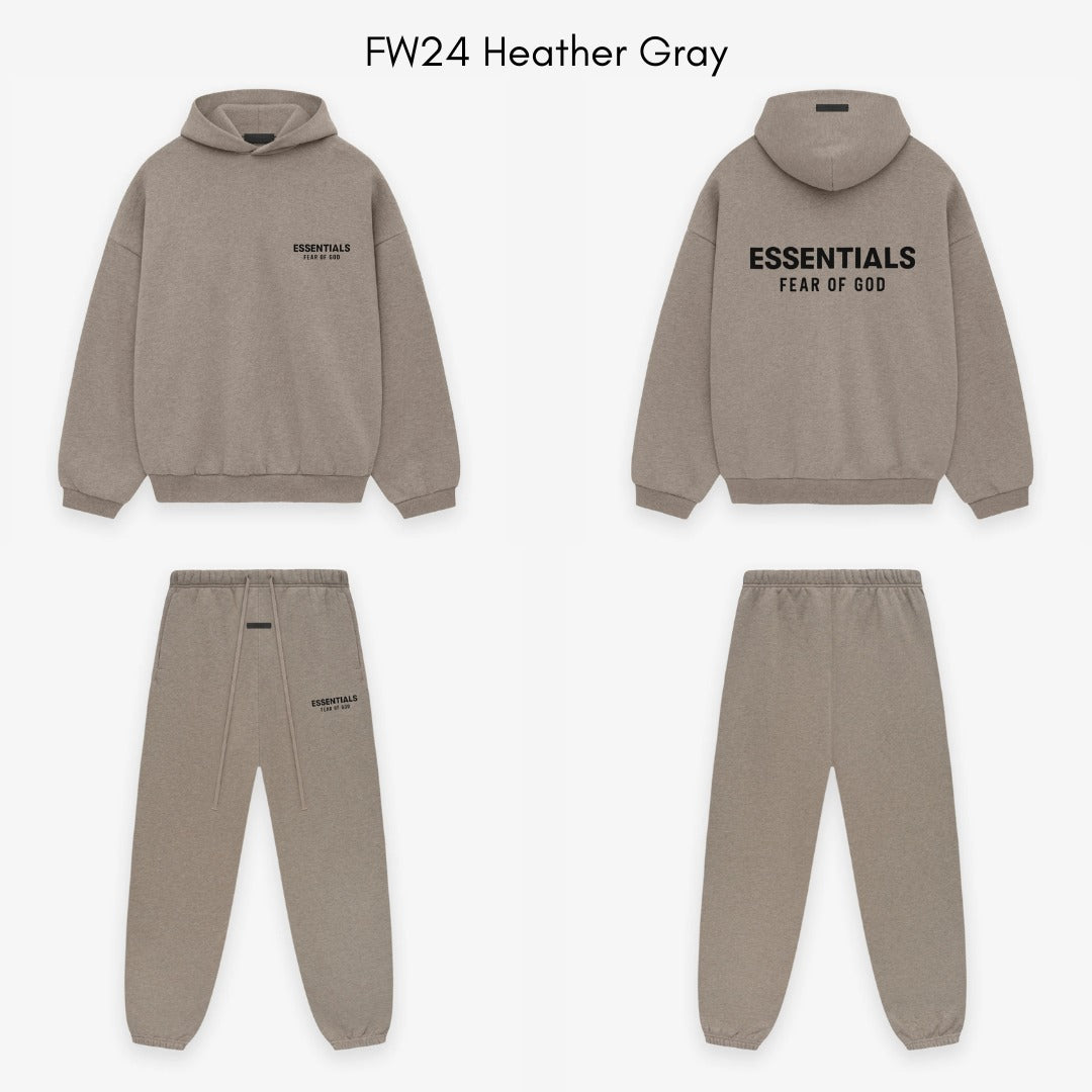 Folded Fear of God Essentials FW24 Heather Taupe set showing relaxed fit, tonal color and premium Essentials embroidery.