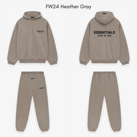 Folded Fear of God Essentials FW24 Heather Taupe set showing relaxed fit, tonal color and premium Essentials embroidery.