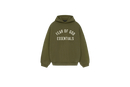 Fear of God Essentials FW24 Military Hoodie flat lay showing olive-green tone, soft cotton fleece and minimalist Essentials chest logo.
