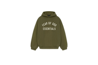 Fear of God Essentials FW24 Military Hoodie flat lay showing olive-green tone, soft cotton fleece and minimalist Essentials chest logo.