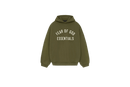 Fear of God Essentials FW24 Military Hoodie flat lay showing olive-green tone, soft cotton fleece and minimalist Essentials chest logo.