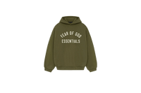 Fear of God Essentials FW24 Military Hoodie flat lay showing olive-green tone, soft cotton fleece and minimalist Essentials chest logo.