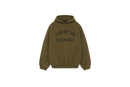 Fear of God Essentials FW24 Olive Hoodie flat lay showing muted green tone, soft cotton fleece and minimalist Essentials chest logo.