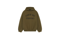 Fear of God Essentials FW24 Olive Hoodie flat lay showing muted green tone, soft cotton fleece and minimalist Essentials chest logo.
