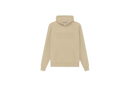 Fear of God Essentials Hoodie Sand flat lay showing light beige tone, soft cotton fleece and minimalist Essentials chest logo.