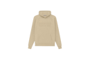 Fear of God Essentials Hoodie Sand flat lay showing light beige tone, soft cotton fleece and minimalist Essentials chest logo.