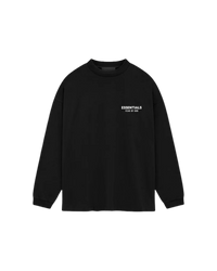 Studiofoto van de Fear of God Essentials Jersey Long Sleeve T-Shirt Black met minimalistische look, ronde hals en wit Essentials logo links op de borst